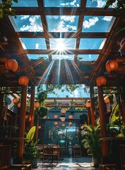 Obraz premium Sunlight Through the Wooden Roof of a Chinese Restaurant