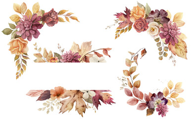 Autumn floral illustration clipart. Fall wreath and bouquet. Burgundy flowers for rustic wedding design, greeting cards, thanksgiving decoration. © ElenaMedvedeva