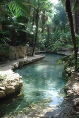 Naklejka premium A beautiful photo of a river flowing through a lush green jungle with stone æ­¥é“ on both sides