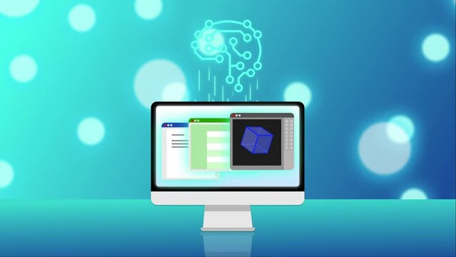 Un cerveau technologique représentant l'Intelligence artificiel sur un fond bleu numérique transfert des données à un ordinateur