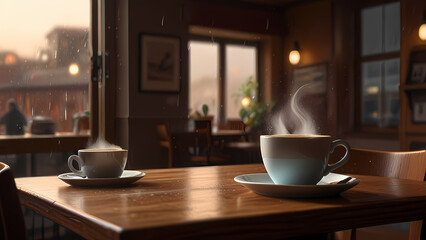 Fototapeta premium Illustration of a cozy coffee shop scene where a steaming cup of coffee is the focal point, surrounded by warm lighting, wooden furniture, and a rainy day visible through the window