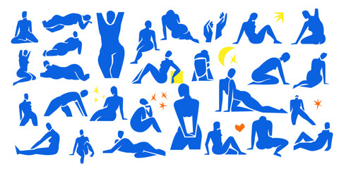 Cut out women set,contemporary pose silhouettes,hand drawn blue people body figures.Flat fashion modern art collage,applique trendy poster,Mid century print home design.Isolated.Vector