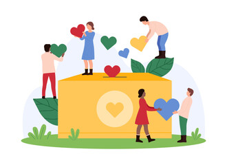 Charity, crowdfunding, financial assistance and help from voluntary fundraising organization. Tiny kind people donate hearts into donation box, volunteers give gifts cartoon vector illustration