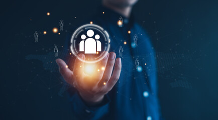 Fototapeta premium Customer Relationship Management, global structure customer network technology, social media, digital marketing online, Data exchanges development, customer service.
