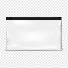 Clear plastic zip seal slider bag. Realistic vector mock-up. Transparent glossy zipper PVC vinyl pouch package with black zip lock. Mockup © JAYANNPO