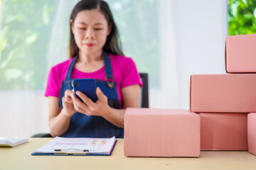 A woman in overalls sells products online, inspects parcels, takes customer orders, works at a desk, and uses pink boxes to pack items ready for shipping to customers.