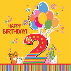 Naklejka premium Happy birthday card. Celebration yellow background with number two, balloon, gift boxes and place for your text. vector illustration 