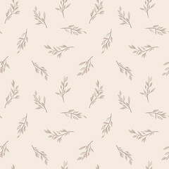 Vector illustration. Seamless pattern of beige leaves, floral pattern on a light beige background, pastel branch. Floral seamless pattern for fabric sublimation, wallpaper, product design.