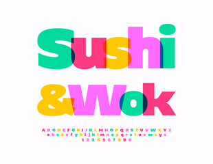 Vector advertising signboard Sushi and Wok. Modern Colorful Font. Bright Artistic Alphabet Letters and Numbers set.
