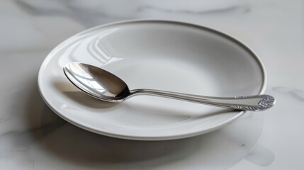 A Silver Spoon Resting on a White Plate on a Marble Surface