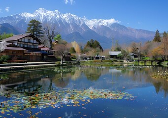 Naklejka premium Japanese traditional houses and snow-capped mountains
