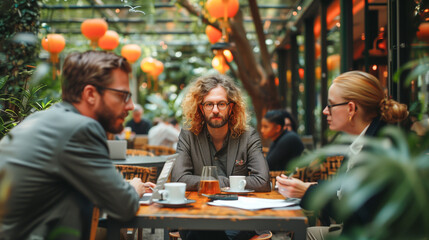 Three people sit at a table in an outdoor cafe, engaged in conversation. Lush greenery and colorful lanterns create a vibrant atmosphere