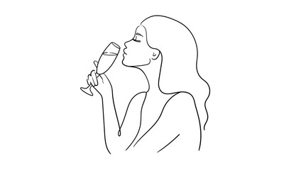 Girl enjoying champagne continuous line art drawing isolated on white background. Alcoholic drink. Vector illustration