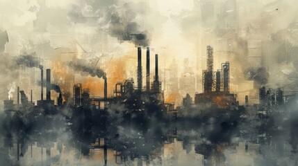 Obraz premium Industrial landscape with factories emitting smoke, creating a dramatic and atmospheric scene with an urban backdrop and pollution-filled air.