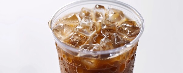 Iced coffee in a plastic cup with ice cubes, close-up. Refreshing summer beverage concept