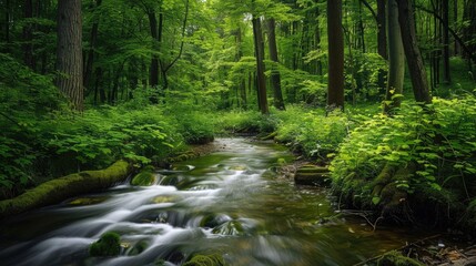 Obraz premium A gentle stream flowing through a dense forest, representing life's journey and persistence.