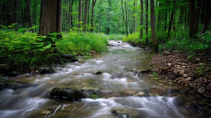 Fototapeta premium A gentle stream flowing through a dense forest, representing life's journey and persistence.