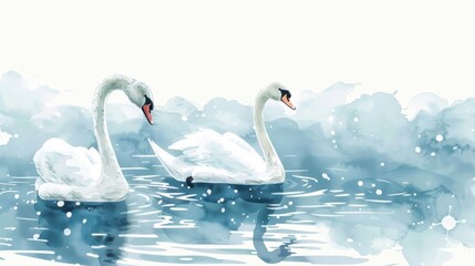 Obraz premium Watercolor illustration of two elegant swans gliding gracefully on a serene lake surrounded by tranquil blue hues.