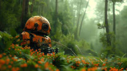 Sad old robor sits in a forest clearing in the middle of a dense green forest
