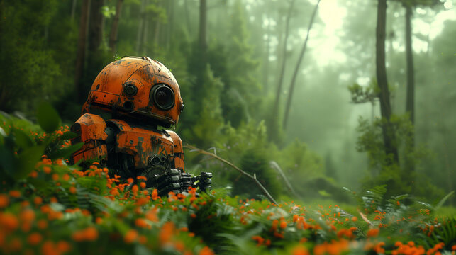 Sad old robor sits in a forest clearing in the middle of a dense green forest

