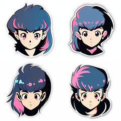 Set of cute faces of dark haired anime girls on white background.