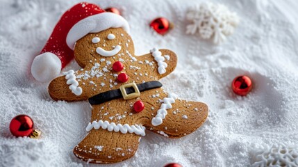 Obraz premium gingerbread santa claus on snow background. copy space