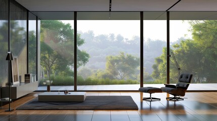 Modern Living Room With Large Windows and Forest View During the Day