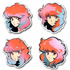 A set of stickers with a red-haired anime woman on a white background. 