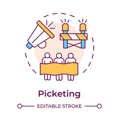Picketing multi color concept icon. Labor protest, workers strike. Working conditions. Round shape line illustration. Abstract idea. Graphic design. Easy to use in infographic, presentation