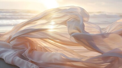 Fototapeta premium Sheer Fabric Flowing in the Wind on a Beach at Sunset