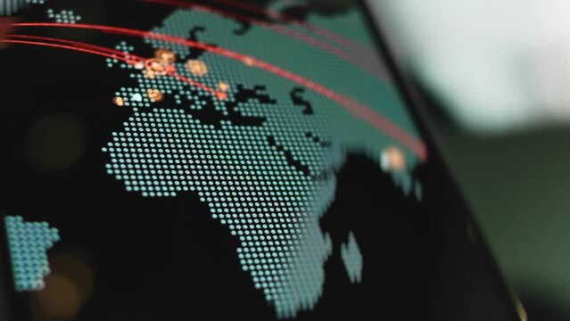 World map cyber attack live on smartphone, Europe as attack source