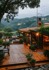 Obraz premium Wooden Deck with Mountain View at Sunset