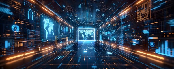 Rotating Digital Artwork in Futuristic Technological Frame with Advanced Visuals and Copy Space