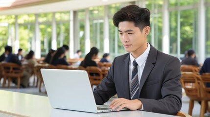 Student deeply engaged in interactive e learning at university classroom environment
