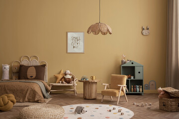 Cozy composition of child room interior with mock up poster frame, yellow wall, braided bed, plush...