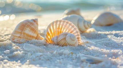 Seashells dot the sand, treasures waiting to be discovered by eager beachcombers.