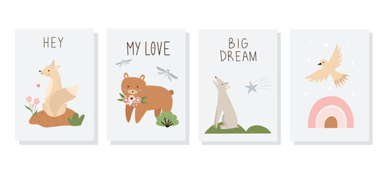 Set of hand drawn cards and posters with forest animals and plants. Baby art for nursery design and prints. Charming cartoon woodland animals