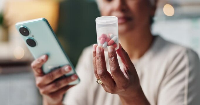 Hands, cellphone and research of medicine, online and health of senior person, closeup and bokeh in house. Home, digital and information on label of bottle, medical and pills of pharmacy with woman
