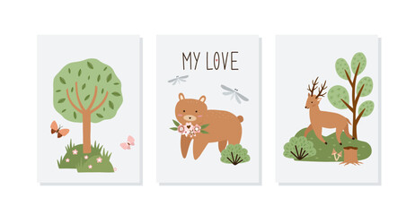 Set of hand drawn cards and posters with forest animals and plants. Baby art for nursery design and prints. Charming cartoon woodland animals   © roskque
