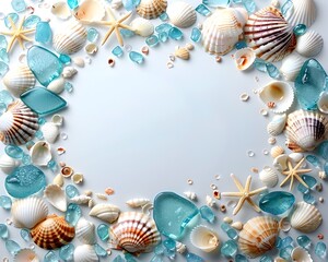 Obraz premium Enchanting Seashore Inspired Frame Crafted from Shells and Sea Glass Evoking a Serene Coastal Ambiance