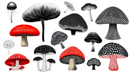 Psychedelic pointillism illustration of mushroom png cut out set