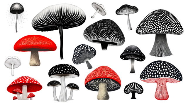 Psychedelic pointillism illustration of mushroom png cut out set