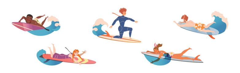 Obraz premium Happy Surfer Man and Woman Character Ride Ocean Wave Vector Set