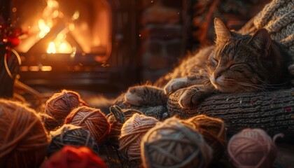 A cozy scene of a person knitting by the fireplace, with a cat curled up nearby and a stack of yarn balls in various colors