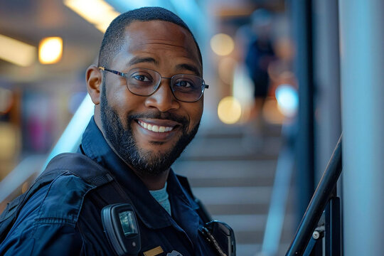 The handsome security guard with a well-groomed beard and eyeglasses is smiling and holding a flashlight near a stairway.