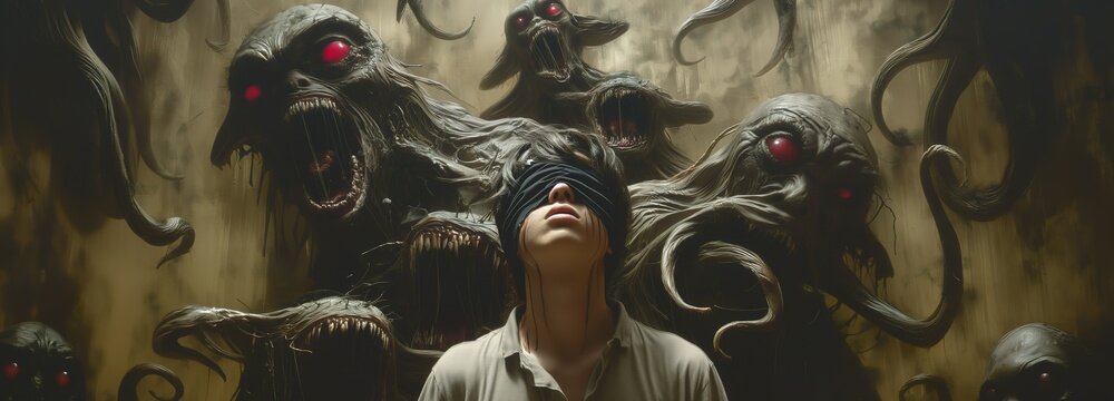 A man surrounded by monsters and mystical creatures. Illustration on the theme of horror and monsters, Halloween and dreams. Generative AI