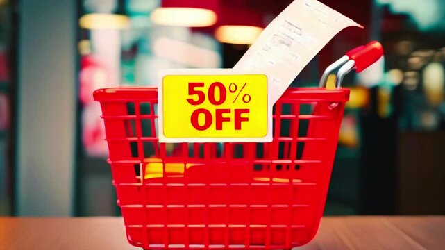 A red shopping cart with a yellow sign saying "50% OFF" sits on a table in front of a blurred background.