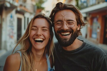 Beautiful young couple standing on the street, the man with a well-groomed beard and wearing eyeglasses, both laughing and smiling.