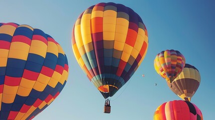 Naklejka premium Colorful hot air balloons soar through a clear blue sky.