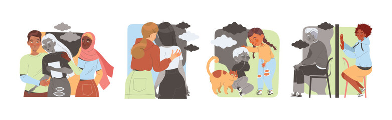 People Characters Supporting and Comforting Sad Friends with Problems Vector Set